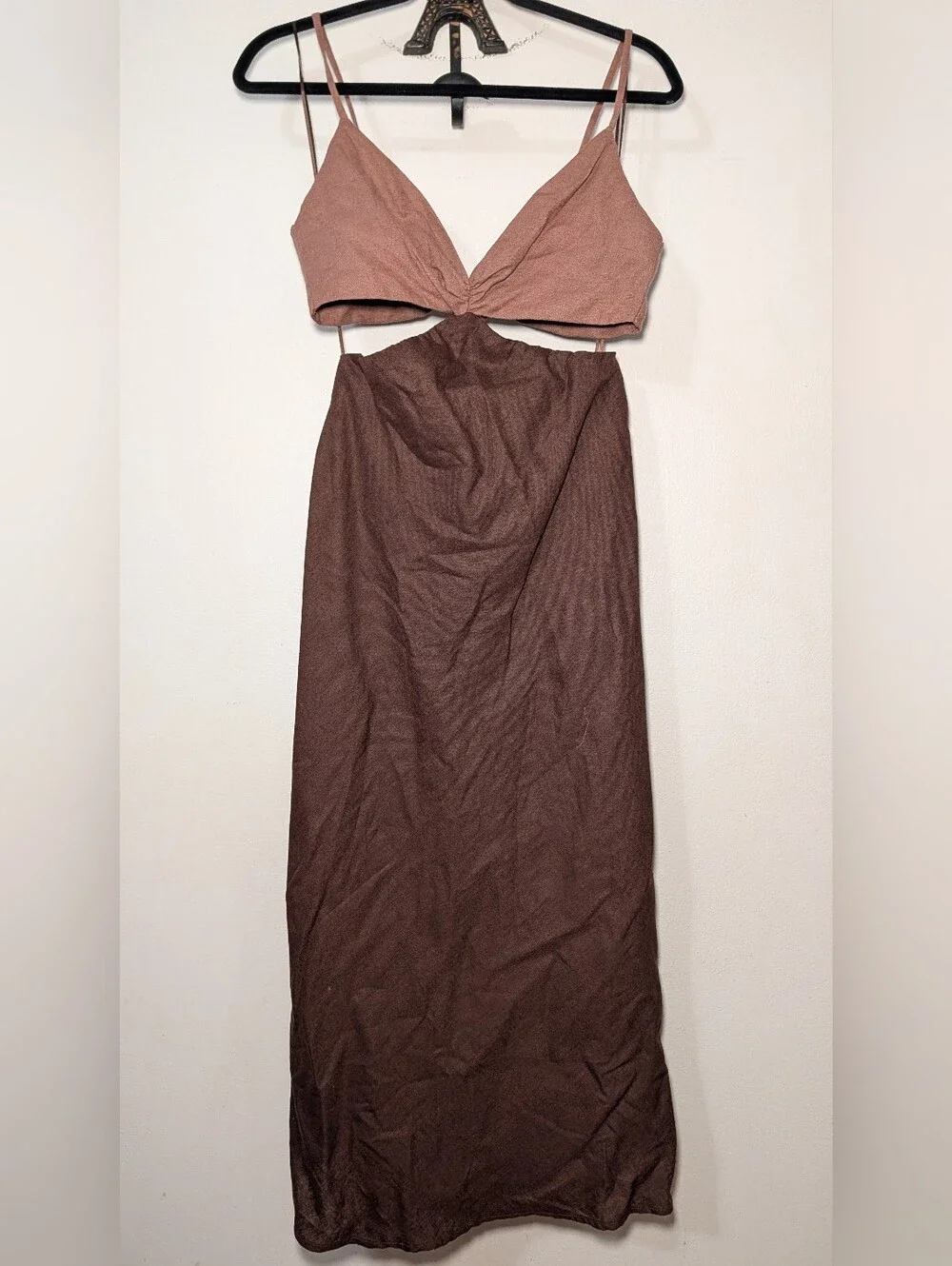 The A&F Julia Slip Cutout Maxi Dress Tan Brown Linen Abercrombie & Fitch Size SP